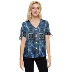 Circuit Board Motherboard Bow Sleeve Button Up Top by Cemarart