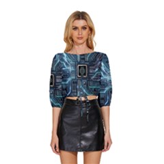 Circuit Board Motherboard Mid Sleeve Drawstring Hem Top by Cemarart