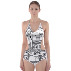 Colouring Page Winter City Skating Cut-out One Piece Swimsuit