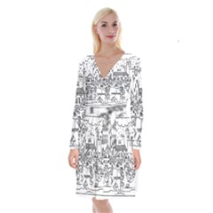 Colouring Page Winter City Skating Long Sleeve Velvet Front Wrap Dress