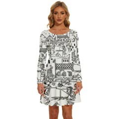 Colouring Page Winter City Skating Long Sleeve Wide Neck Velvet Dress