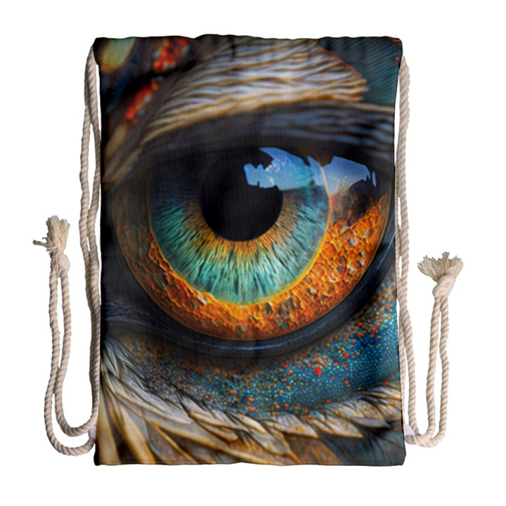 Eye Bird Feathers Vibrant Drawstring Bag (Large)