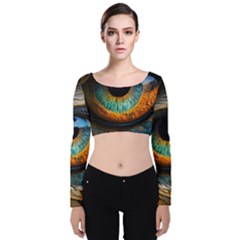 Eye Bird Feathers Vibrant Velvet Long Sleeve Crop Top by Hannah976