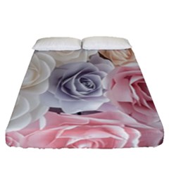 Pastel Rose Flower Blue Pink White Fitted Sheet (queen Size) by Cemarart