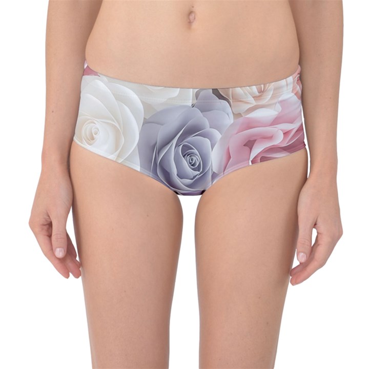 Pastel Rose Flower Blue Pink White Mid-Waist Bikini Bottoms