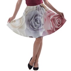 Pastel Rose Flower Blue Pink White A-line Skater Skirt by Cemarart