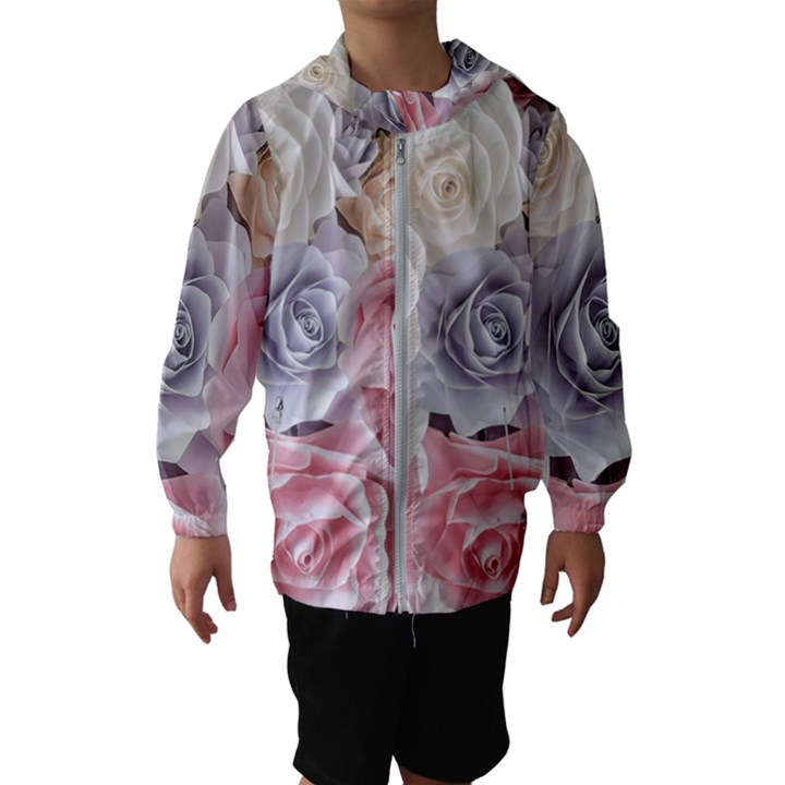 Pastel Rose Flower Blue Pink White Kids  Hooded Windbreaker