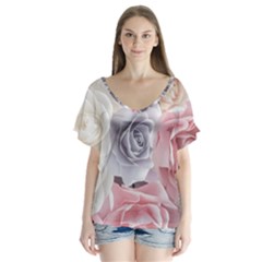 Pastel Rose Flower Blue Pink White V-neck Flutter Sleeve Top by Cemarart