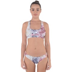 Pastel Rose Flower Blue Pink White Cross Back Hipster Bikini Set by Cemarart