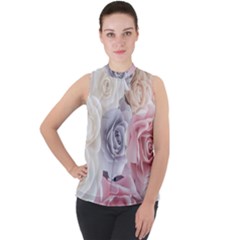 Pastel Rose Flower Blue Pink White Mock Neck Chiffon Sleeveless Top by Cemarart