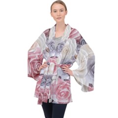 Pastel Rose Flower Blue Pink White Long Sleeve Velvet Kimono  by Cemarart