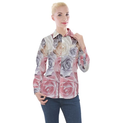 Pastel Rose Flower Blue Pink White Women s Long Sleeve Pocket Shirt by Cemarart