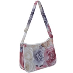 Pastel Rose Flower Blue Pink White Zip Up Shoulder Bag by Cemarart