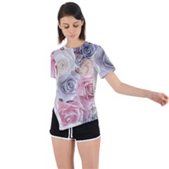 Pastel Rose Flower Blue Pink White Asymmetrical Short Sleeve Sports T-shirt by Cemarart