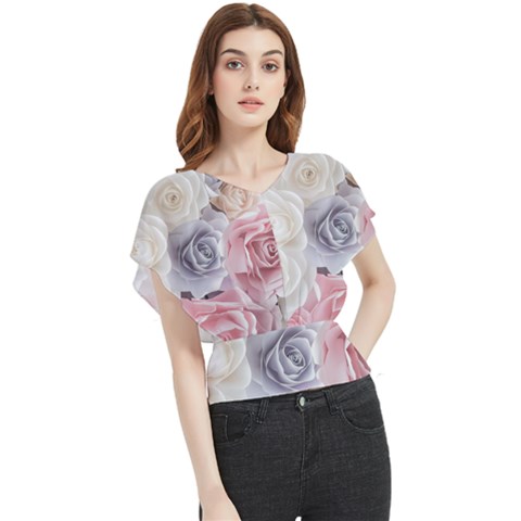 Pastel Rose Flower Blue Pink White Butterfly Chiffon Blouse by Cemarart