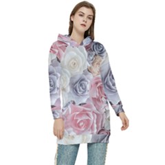 Pastel Rose Flower Blue Pink White Women s Long Oversized Pullover Hoodie by Cemarart