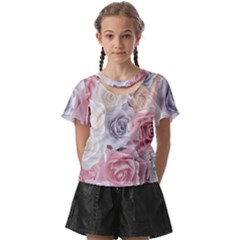 Pastel Rose Flower Blue Pink White Kids  Front Cut T-shirt by Cemarart