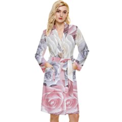 Pastel Rose Flower Blue Pink White Long Sleeve Velvet Robe by Cemarart