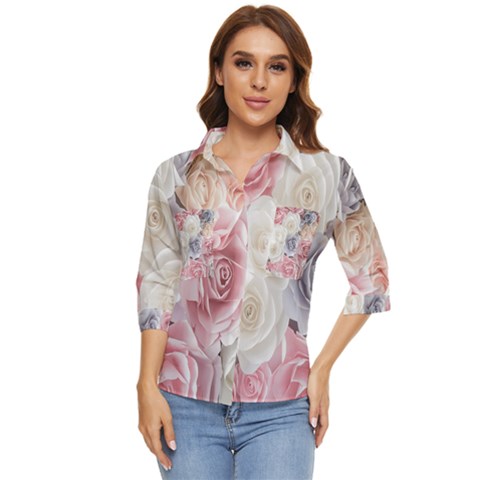 Pastel Rose Flower Blue Pink White Women s Quarter Sleeve Pocket Shirt by Cemarart