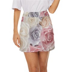 Pastel Rose Flower Blue Pink White Mini Front Wrap Skirt by Cemarart