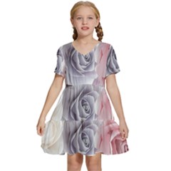 Pastel Rose Flower Blue Pink White Kids  Short Sleeve Tiered Mini Dress by Cemarart