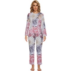 Pastel Rose Flower Blue Pink White Womens  Long Sleeve Lightweight Pajamas Set by Cemarart