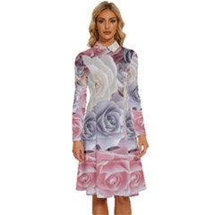 Pastel Rose Flower Blue Pink White Long Sleeve Shirt Collar A-line Dress by Cemarart