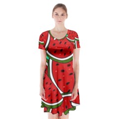 Summer Watermelon Fruit Short Sleeve V-neck Flare Dress by Cemarart