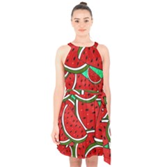 Summer Watermelon Fruit Halter Collar Waist Tie Chiffon Dress by Cemarart