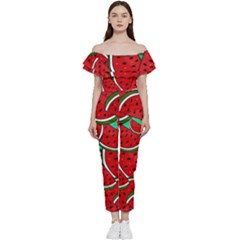 Summer Watermelon Fruit Bardot Ruffle Jumpsuit by Cemarart