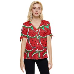 Summer Watermelon Fruit Bow Sleeve Button Up Top by Cemarart