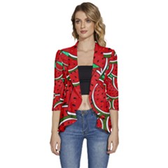 Summer Watermelon Fruit Women s 3/4 Sleeve Ruffle Edge Open Front Jacket by Cemarart