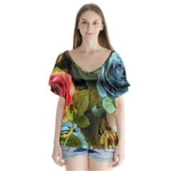 Flower Roses V-neck Flutter Sleeve Top by Cemarart