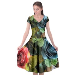 Flower Roses Cap Sleeve Wrap Front Dress by Cemarart