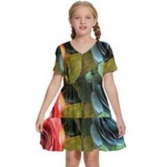 Flower Roses Kids  Short Sleeve Tiered Mini Dress by Cemarart