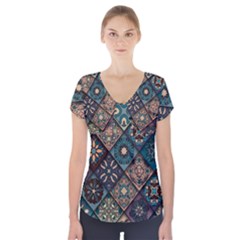 Flower Texture Background Colorful Pattern Short Sleeve Front Detail Top by Cemarart