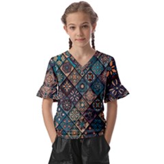 Flower Texture Background Colorful Pattern Kids  V-neck Horn Sleeve Blouse by Cemarart