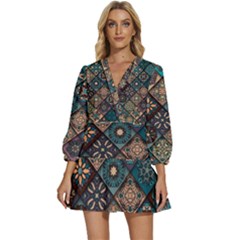 Flower Texture Background Colorful Pattern V-neck Placket Mini Dress by Cemarart