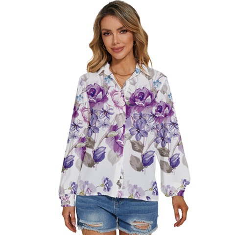 Flower-floral-design-paper-pattern-purple-watercolor-flowers-vector-material-90d2d381fc90ea7e9bf8355 Women s Long Sleeve Button Up Shirt by saad11