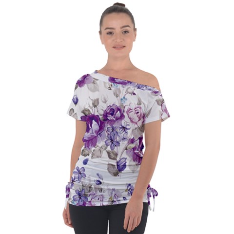 Flower-floral-design-paper-pattern-purple-watercolor-flowers-vector-material-90d2d381fc90ea7e9bf8355 Off Shoulder Tie-up T-shirt by saad11