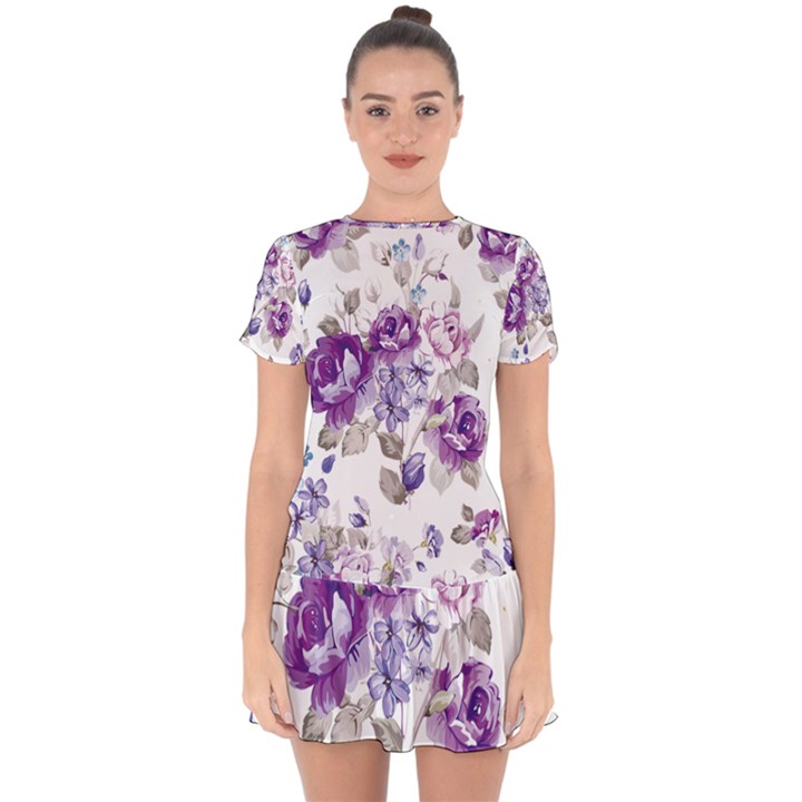 Flower-floral-design-paper-pattern-purple-watercolor-flowers-vector-material-90d2d381fc90ea7e9bf8355 Drop Hem Mini Chiffon Dress