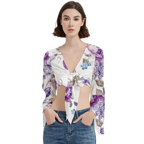 Flower-floral-design-paper-pattern-purple-watercolor-flowers-vector-material-90d2d381fc90ea7e9bf8355 Trumpet Sleeve Cropped Top by saad11