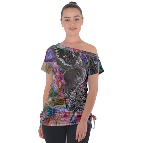 Wing On Abstract Delta Off Shoulder Tie-up T-shirt by kaleidomarblingart