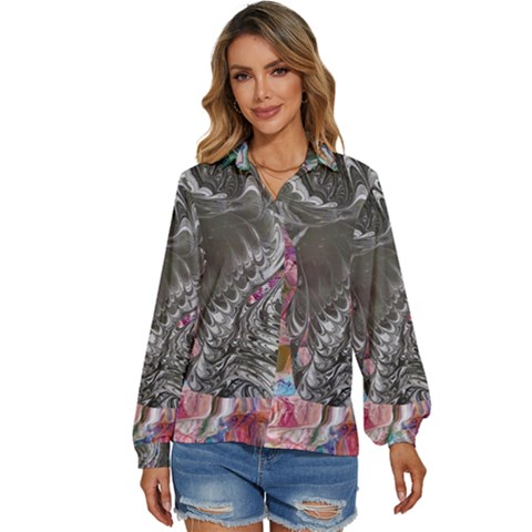 Wing On Abstract Delta Women s Long Sleeve Button Up Shirt by kaleidomarblingart