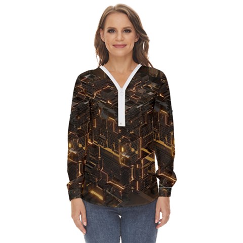 Cube Forma Glow 3d Volume Zip Up Long Sleeve Blouse by Bedest