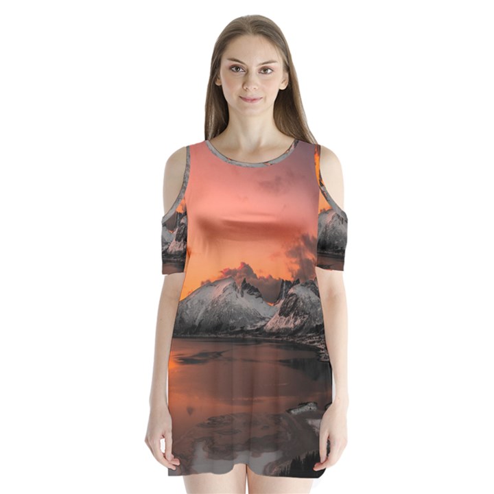 Surreal Mountain Landscape Lake Shoulder Cutout Velvet One Piece