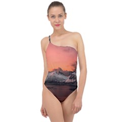 Surreal Mountain Landscape Lake Classic One Shoulder Swimsuit by Bedest