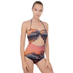 Surreal Mountain Landscape Lake Scallop Top Cut Out Swimsuit by Bedest