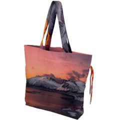 Surreal Mountain Landscape Lake Drawstring Tote Bag by Bedest