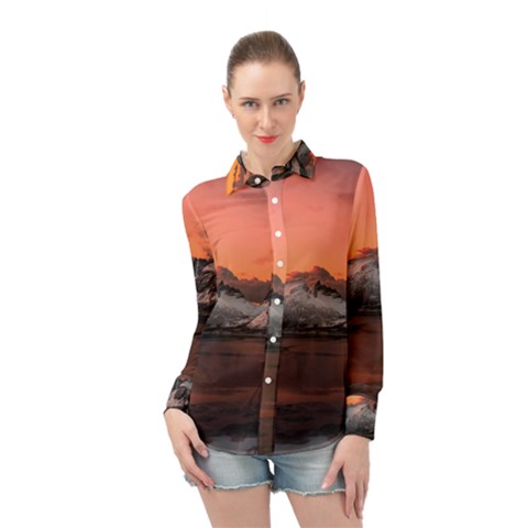 Surreal Mountain Landscape Lake Long Sleeve Chiffon Shirt by Bedest